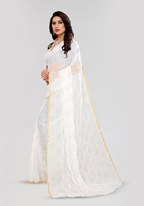 White Ethnic Motifs Printed Saree Set