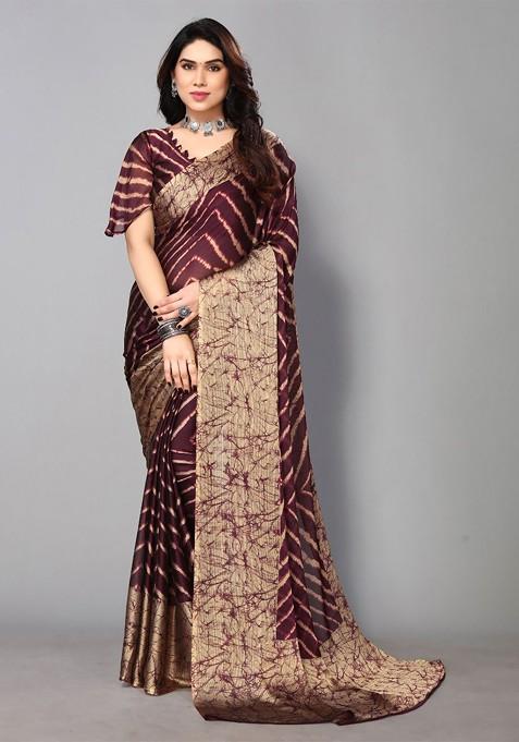 Purple Striped Print Poly Chiffon Saree Set