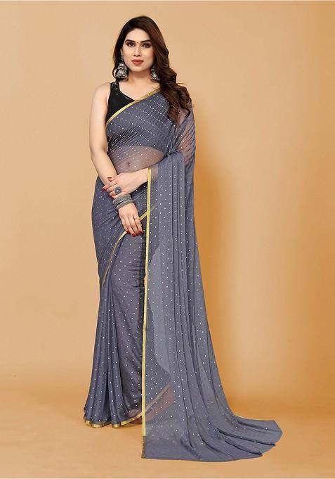 Grey Embellished Zari Poly Chiffon Saree Set