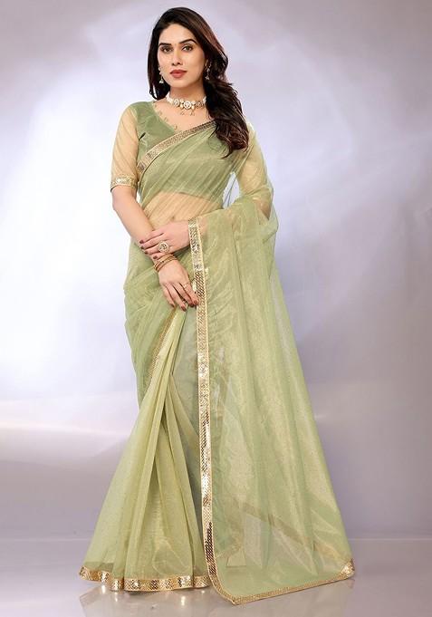 Green Sequin Embroidered Net Saree Set