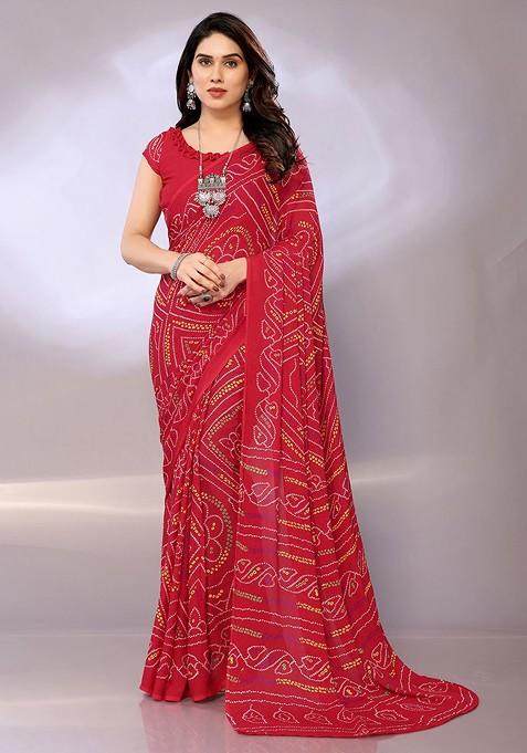 Red Bandhani Print Poly Chiffon Saree Set