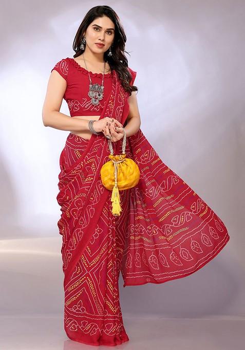 Red Bandhani Print Poly Chiffon Saree Set