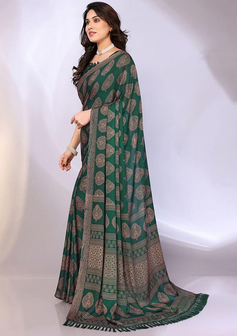 Green Ethnic Motifs Printed Saree Set