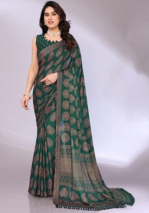 Green Ethnic Motifs Printed Saree Set