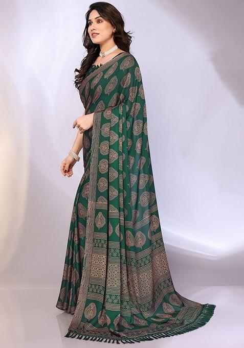 Green Ethnic Motifs Printed Saree Set