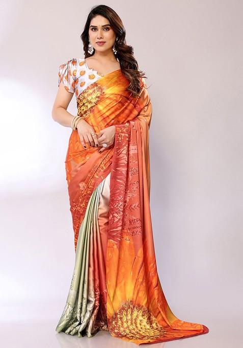 Orange Floral Print Satin Saree Set