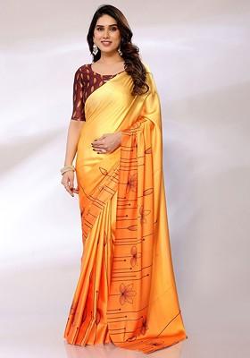 Orange Printed Satin Saree Set