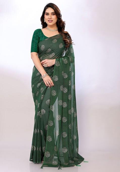 Green Ethnic Motifs Printed Saree Set