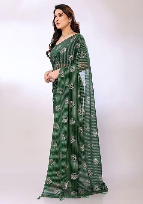 Green Ethnic Motifs Printed Saree Set