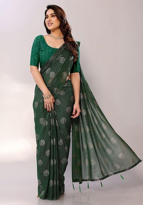 Green Ethnic Motifs Printed Saree Set