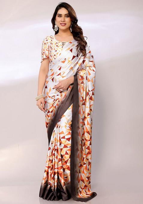 White Abstract Print Satin Saree Set