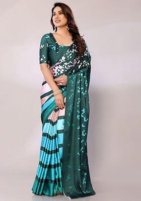 Teal Geometric Print Saree Set