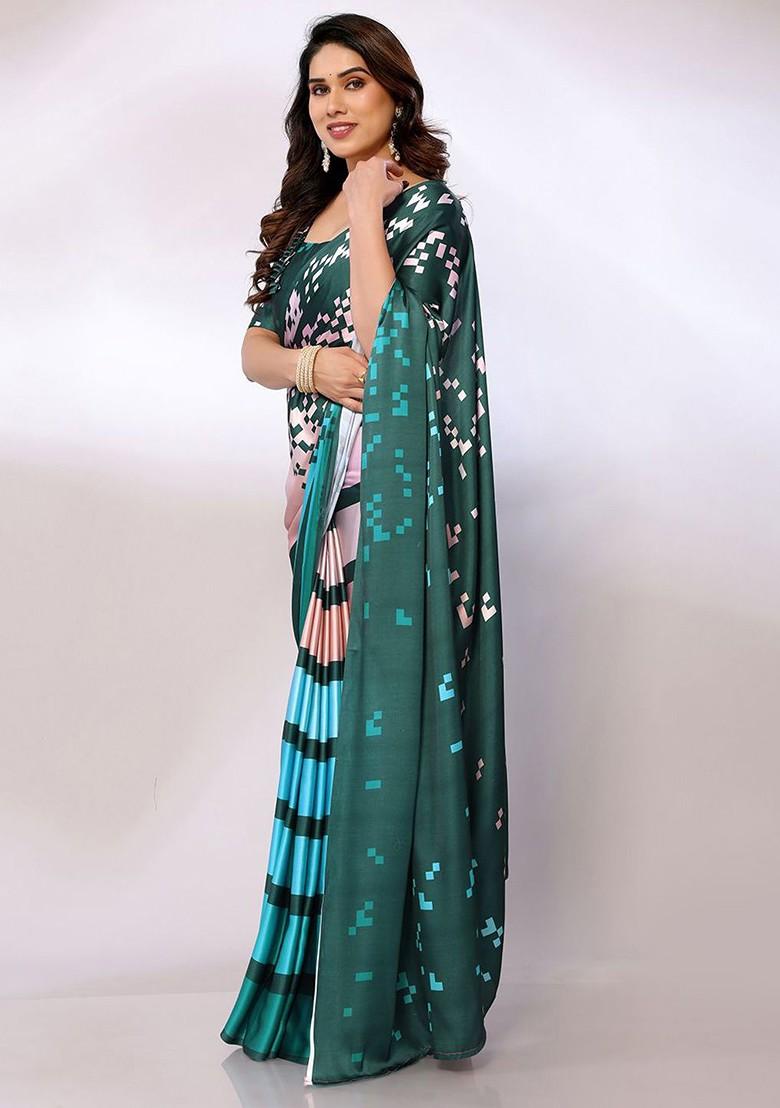 Teal Geometric Print Saree Set