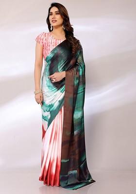 Green Tie And Dye Satin Saree Set