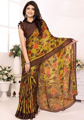 Yellow Floral Print Pure Chiffon Saree Set