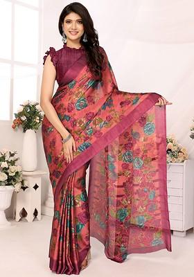 Red Floral Print Pure Chiffon Saree Set