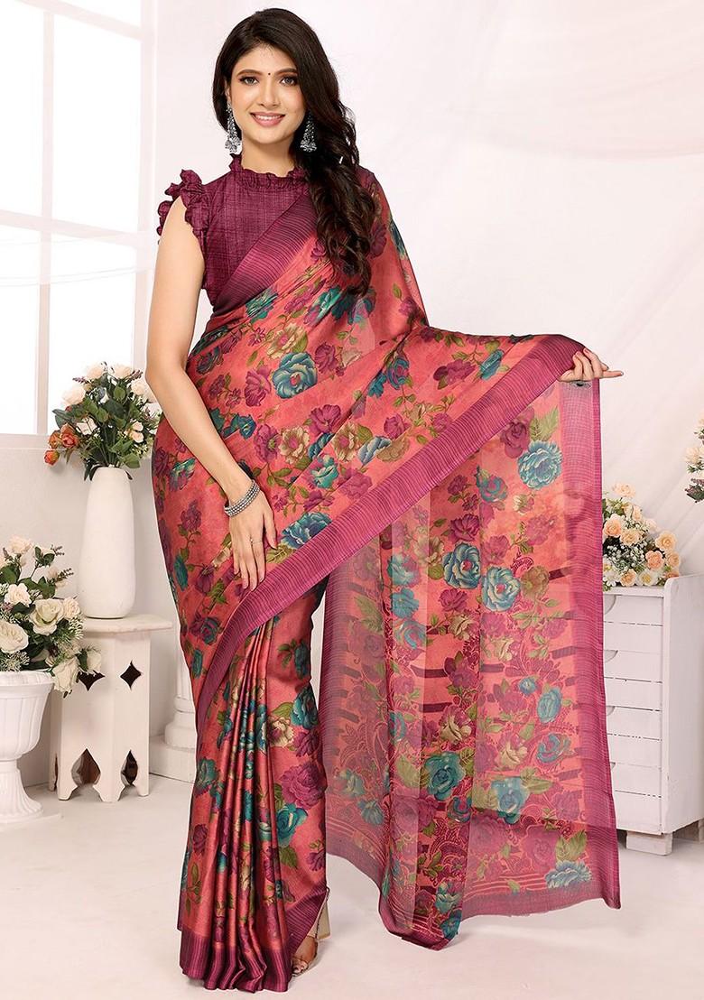 Red Floral Print Pure Chiffon Saree Set