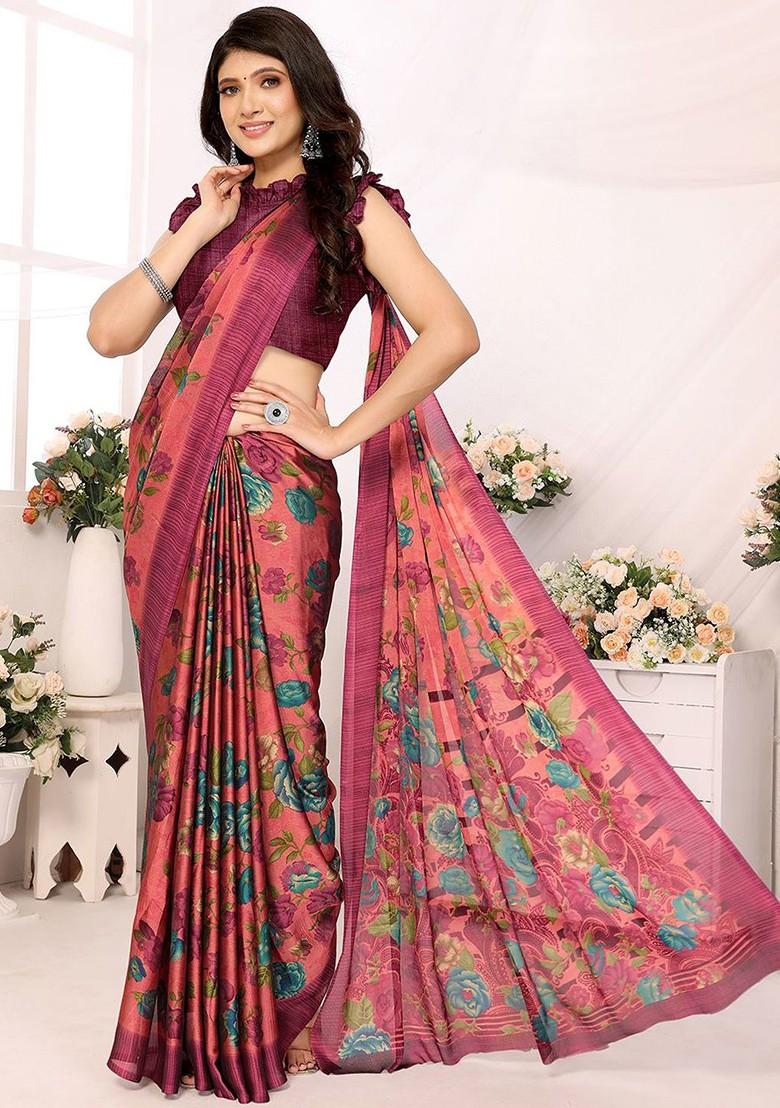 Red Floral Print Pure Chiffon Saree Set