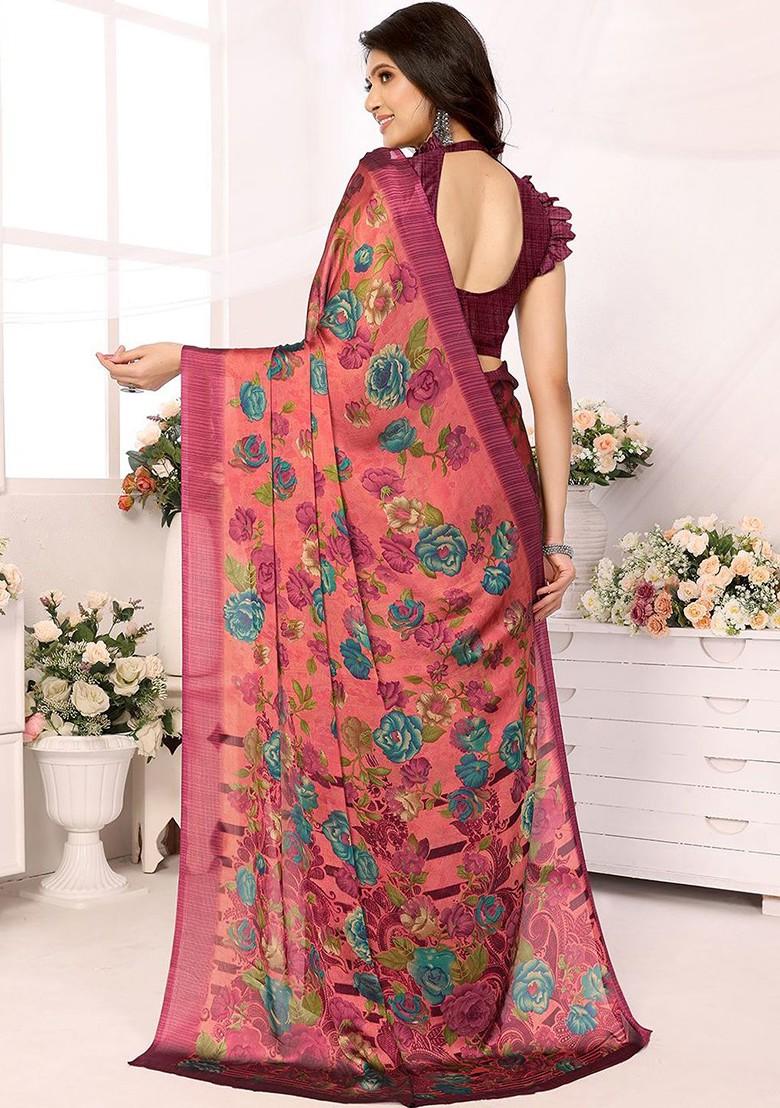 Red Floral Print Pure Chiffon Saree Set