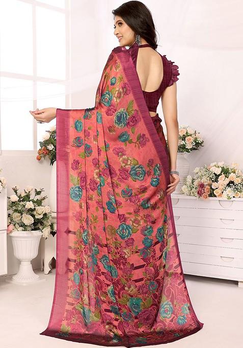 Red Floral Print Pure Chiffon Saree Set