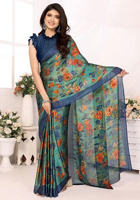 Green Floral Print Pure Chiffon Saree Set