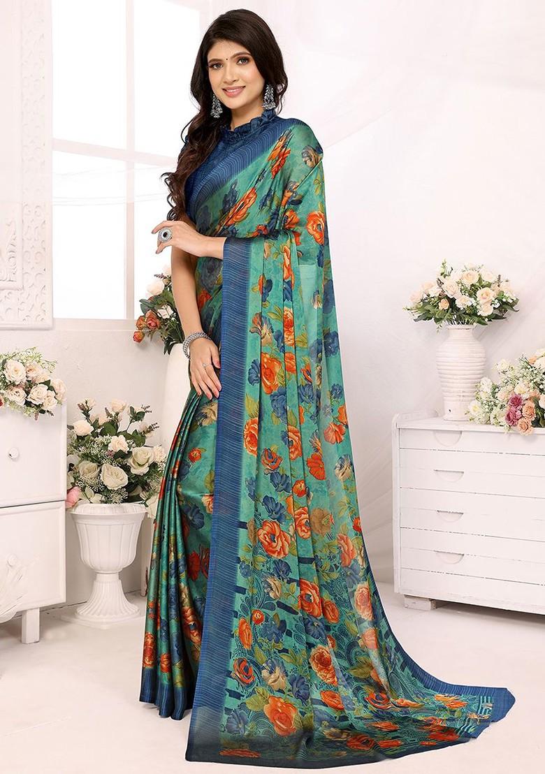 Green Floral Print Pure Chiffon Saree Set