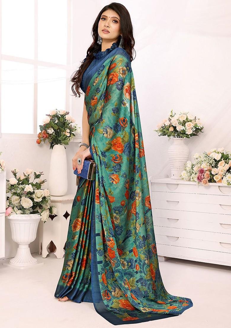 Green Floral Print Pure Chiffon Saree Set