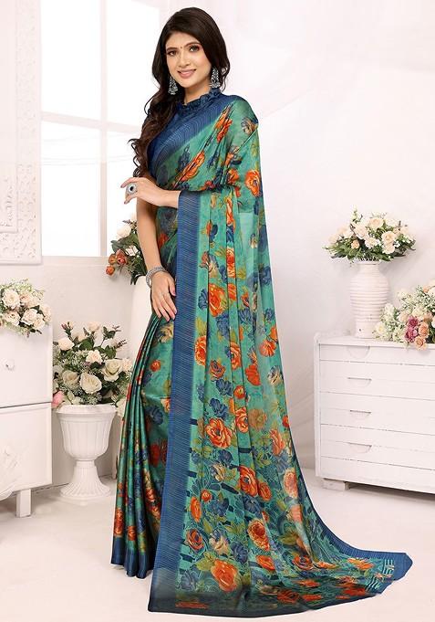 Green Floral Print Pure Chiffon Saree Set