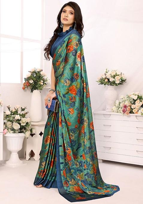 Green Floral Print Pure Chiffon Saree Set