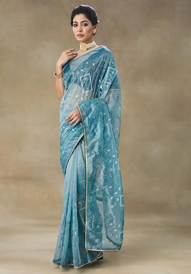 Blue Embellished Embroidered Net Saree Set