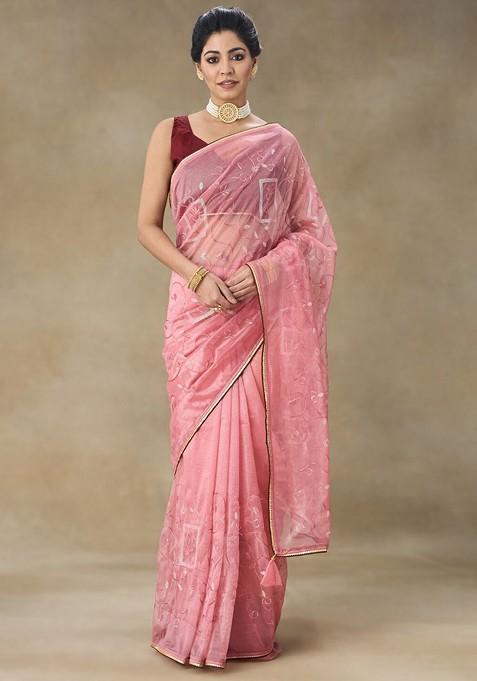 Pink Embellished Embroidered Net Saree Set