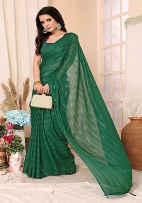 Green Striped Print Saree Set