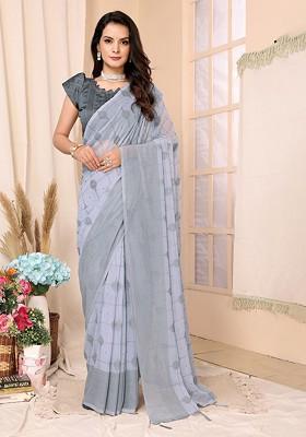 Grey Bead Embellished Saree Set
