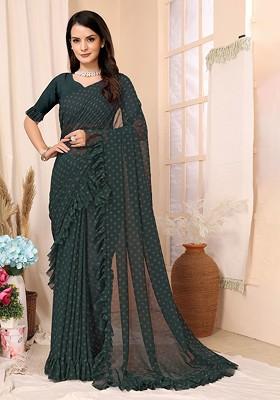 Green Floral Print Ruffled Saree Set