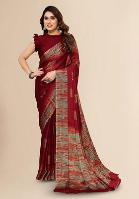 Maroon Abstract Print Saree Set