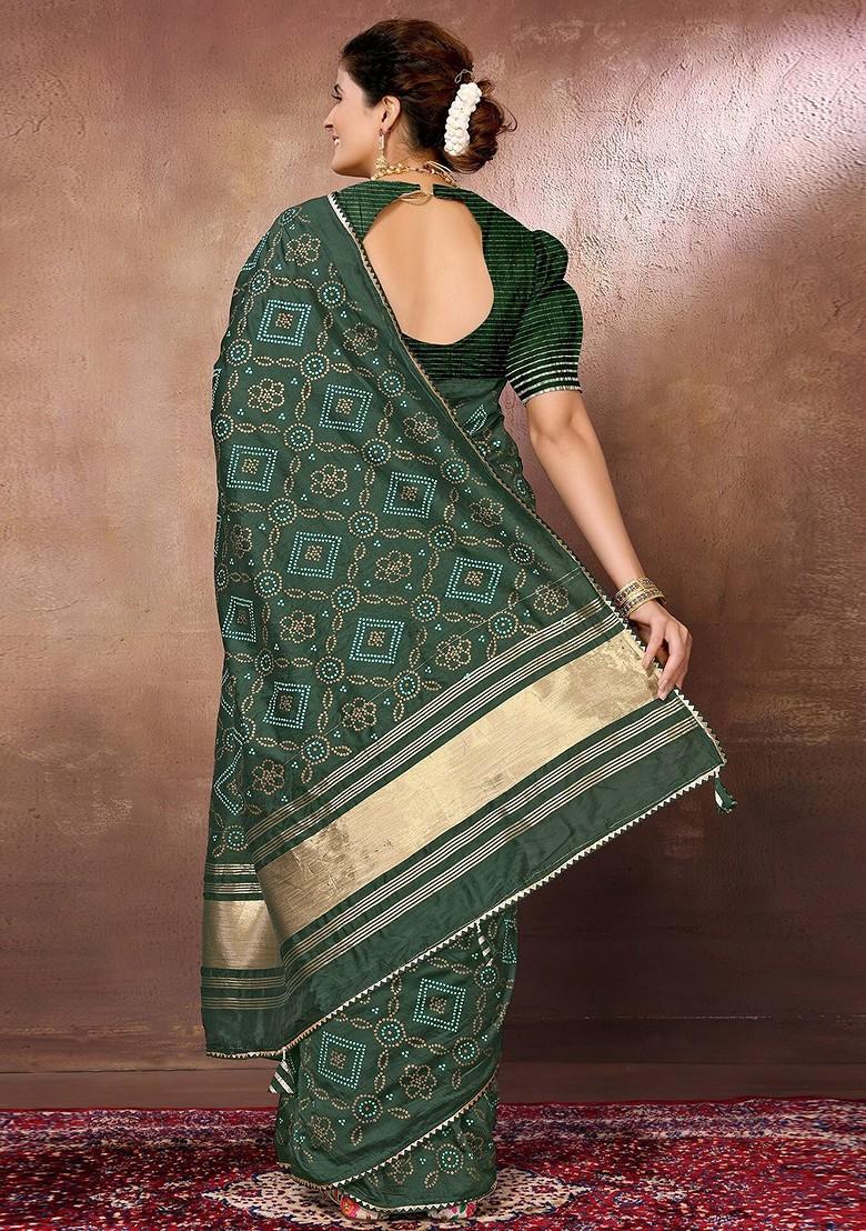 Green Bandhani Print Chanderi Saree Set