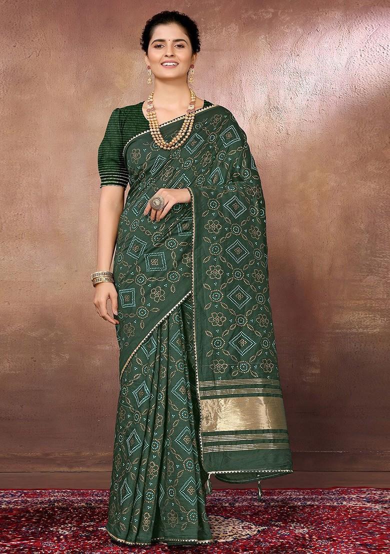 Green Bandhani Print Chanderi Saree Set