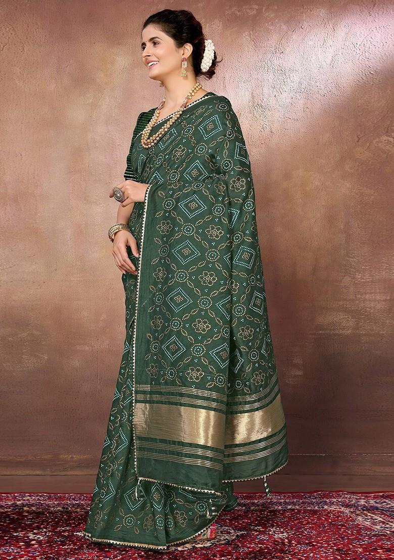 Green Bandhani Print Chanderi Saree Set