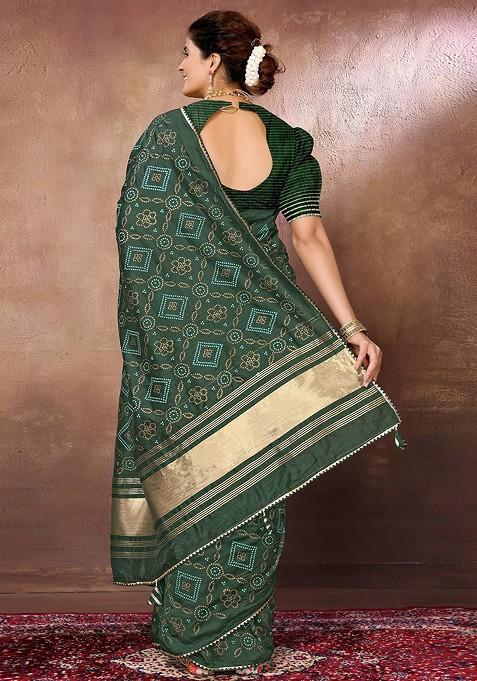 Green Bandhani Print Chanderi Saree Set