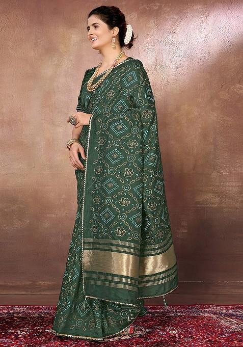 Green Bandhani Print Chanderi Saree Set