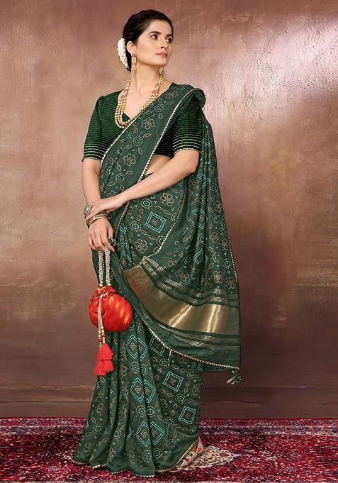 Green Bandhani Print Chanderi Saree Set