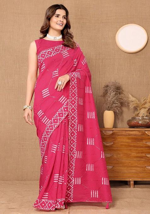 Pink Batik Print Chanderi Saree Set
