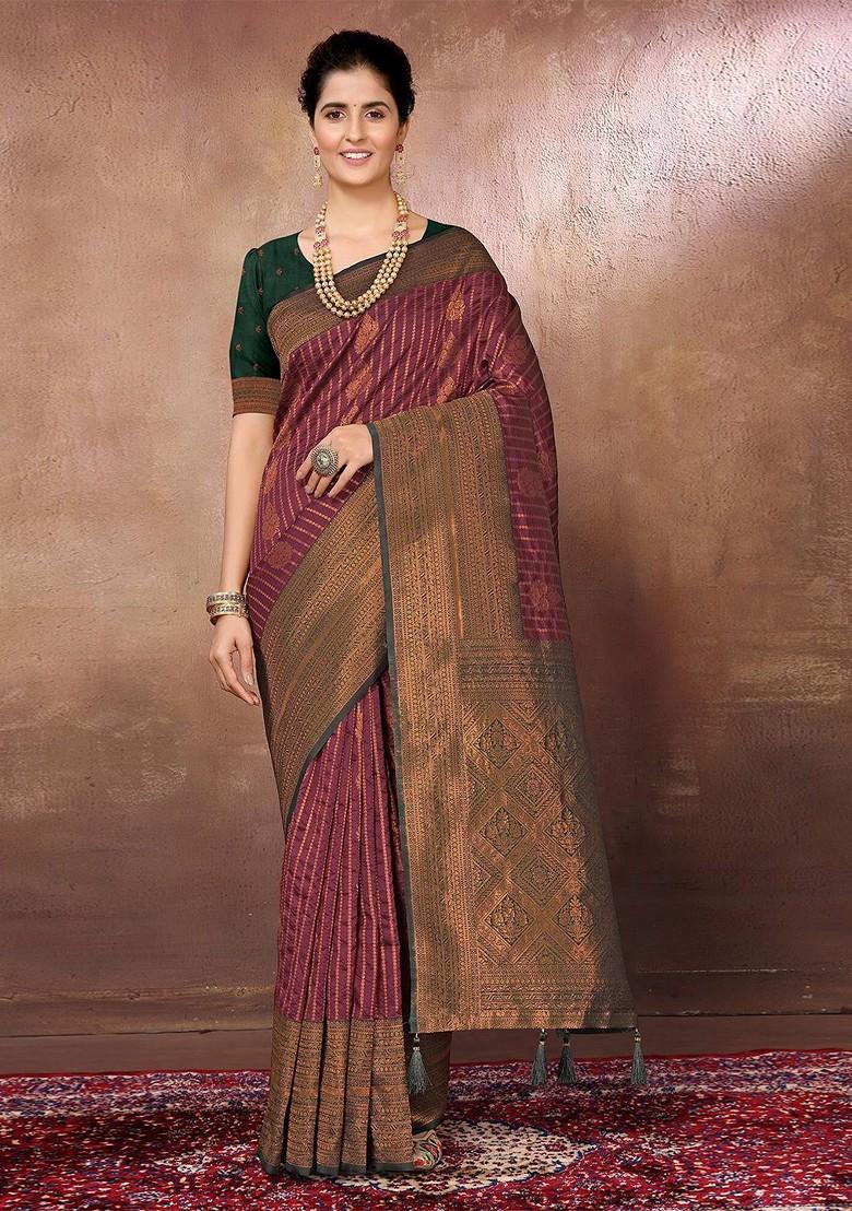 Maroon Ethnic Motifs Woven Zari Banarasi Saree Set