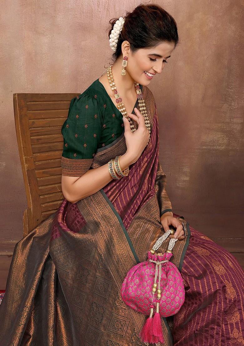 Maroon Ethnic Motifs Woven Zari Banarasi Saree Set