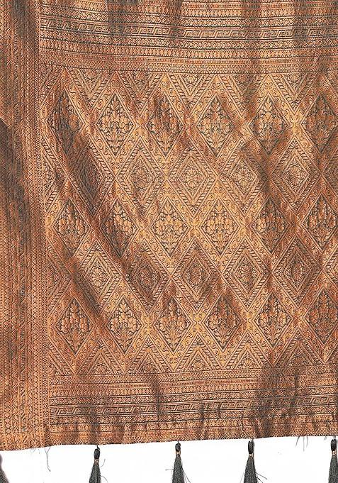 Maroon Ethnic Motifs Woven Zari Banarasi Saree Set