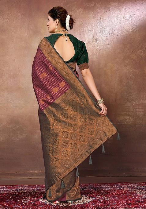 Maroon Ethnic Motifs Woven Zari Banarasi Saree Set
