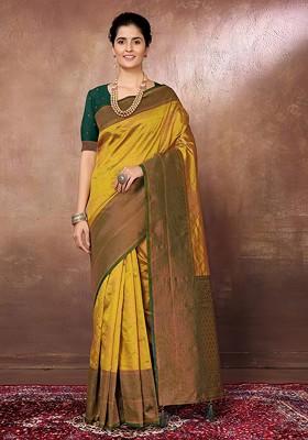 Golden Ethnic Motifs Woven Zari Banarasi Saree Set