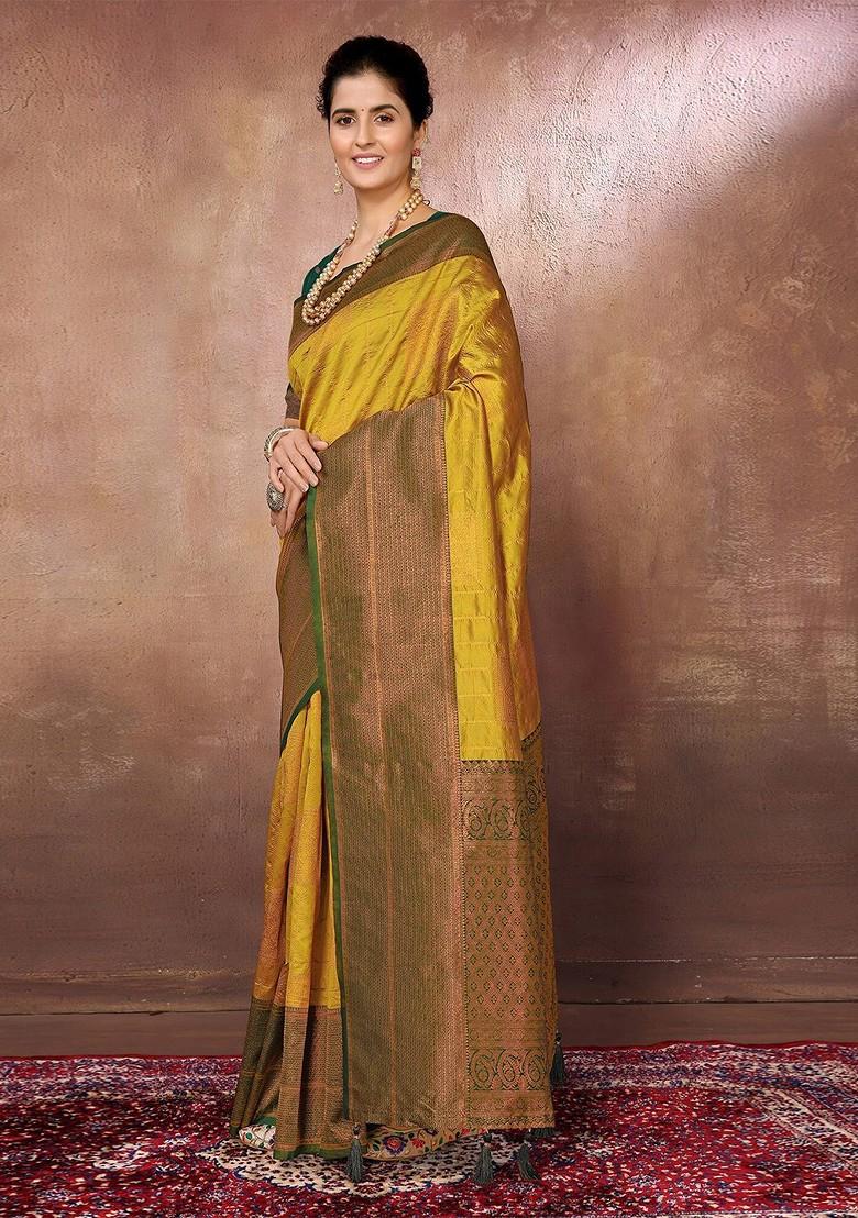 Golden Ethnic Motifs Woven Zari Banarasi Saree Set