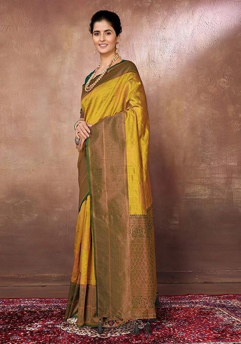 Golden Ethnic Motifs Woven Zari Banarasi Saree Set