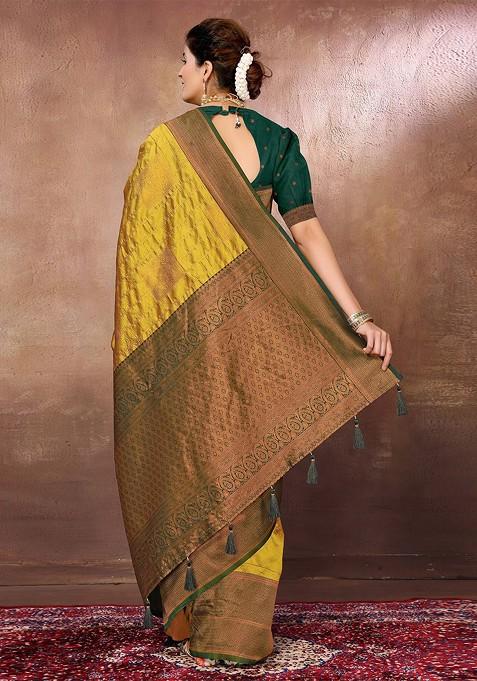 Golden Ethnic Motifs Woven Zari Banarasi Saree Set